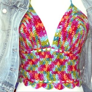 🧶 Crop Top 34/36 B Handmade Crochet Multi color